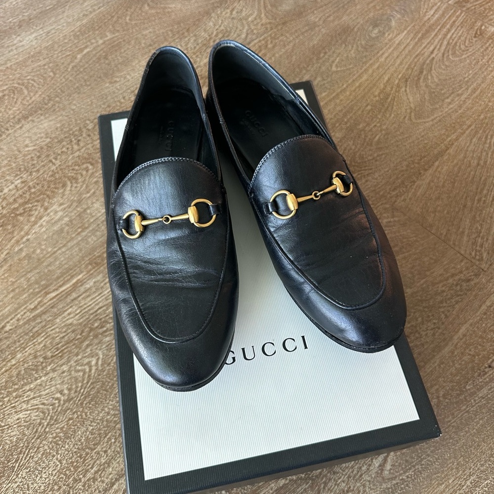 Gucci Black Leather Slip-On Loafers with Gold Accent
